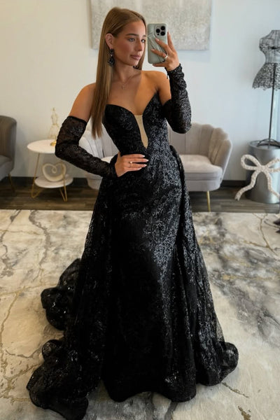 Attractive Strapless Black Sequins Lace Long Prom Dresses with Sleeves VK26020708