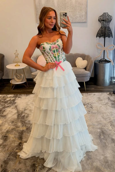Gorgeous A Line Strapless White Tulle Prom Dress with Beading