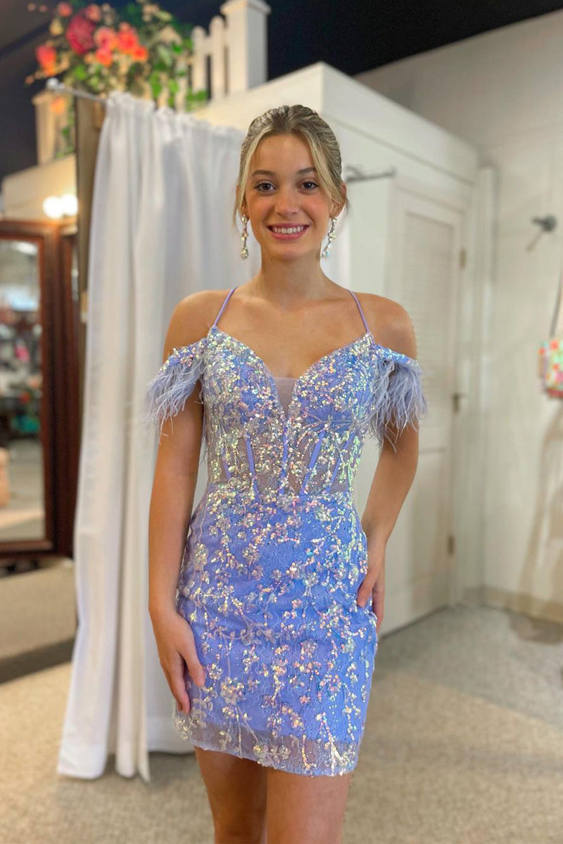 Stunning Bodycon Halter Lilac Sequins Lace Short Homecoming Dresses with Feather Shoulders VK23062908