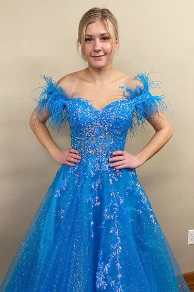 Blue Tulle Feather Off-the-Shoulder Lace-Up A-Line Long Prom Dress VK23110106