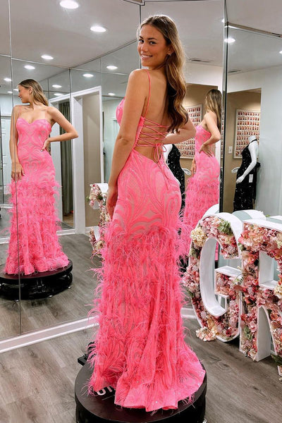 Pink Sweetheart Sequins Lace Mermaid Long Prom Dresses with Feather VK24020202
