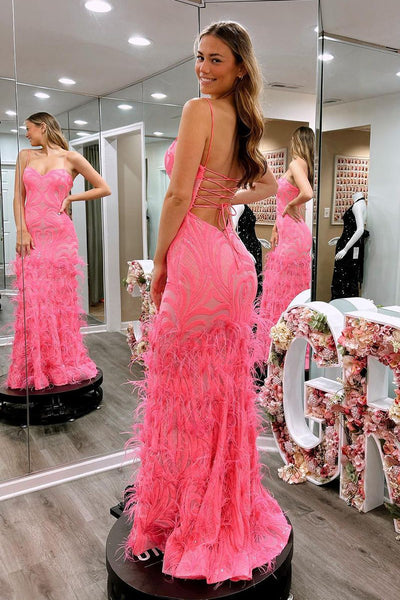 Pink Sweetheart Sequins Lace Mermaid Long Prom Dresses with Feather VK24020202