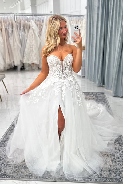 Sweetheart A Line Tulle Slit Wedding Dress with Appliques VK102910