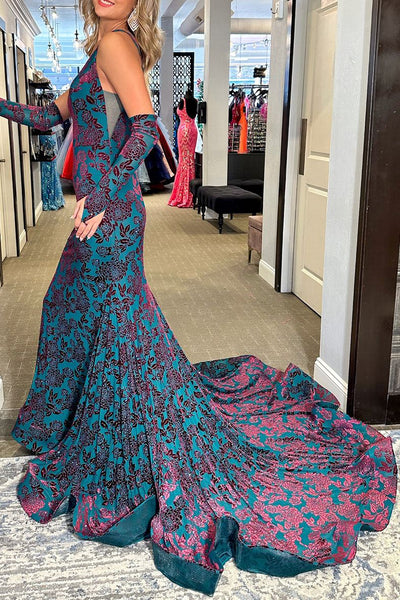 Mermaid V Neck Blue Backless Long Prom Dresses VK24042501