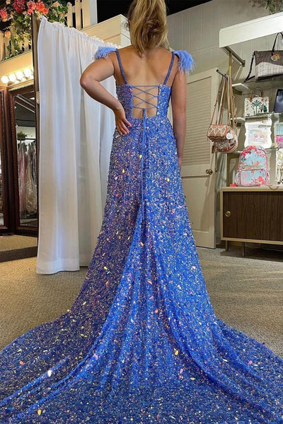 Blue V Neck Sequins A-Line Long Prom Dresses with Slit VK24050701