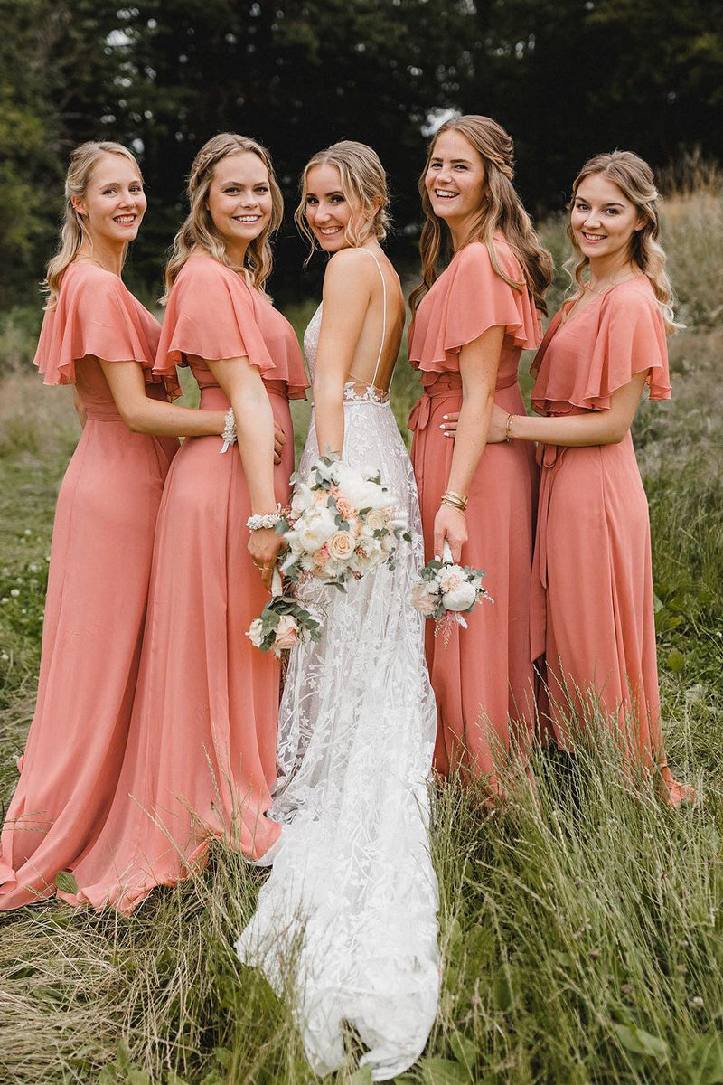 Simple A-Line Coral Chiffon Long Bridesmaid Dresses VK23090206 – Vickidress