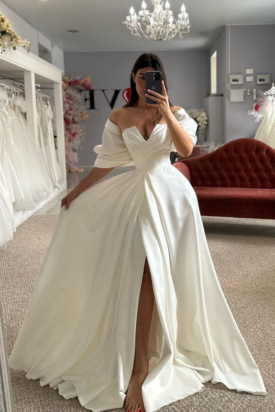 Gorgeous Ball Gown V Neck Satin Long Wedding Dresses with Sleeves