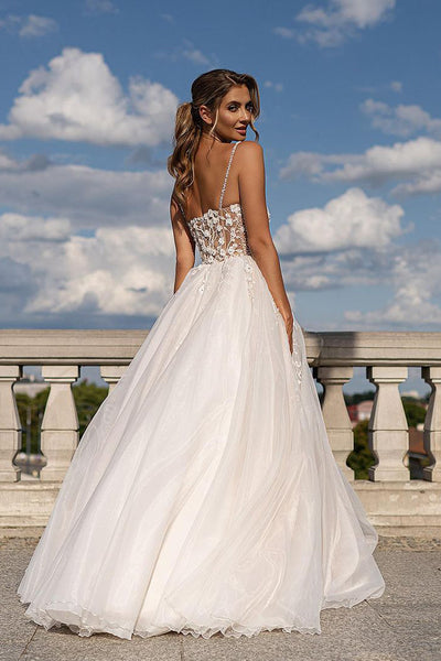 A-Line V Neck White Beaded Wedding Dress VK23090201
