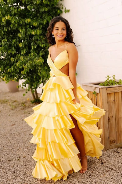Cute A Line V Neck Yellow Tiered Satin Prom Dress VK25052510