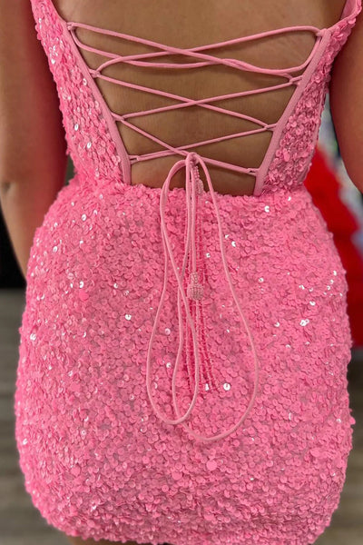 Sparkly Pink Sequins Corset Tight Short Homecoming Dress VK23082803