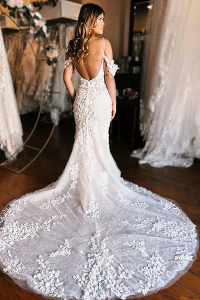 Princess Mermaid Cold Sleeves Floral Lace Boho Wedding Dresses VK23082710