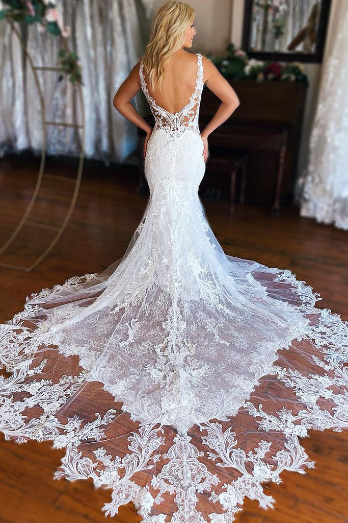 AmazingLong Train Lace Open back Mermaid White Wedding Dresses