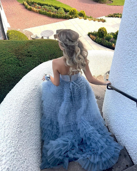 A-Line Sweetheart Tiered Ruffled Tulle Long Prom Dresses VK23103105