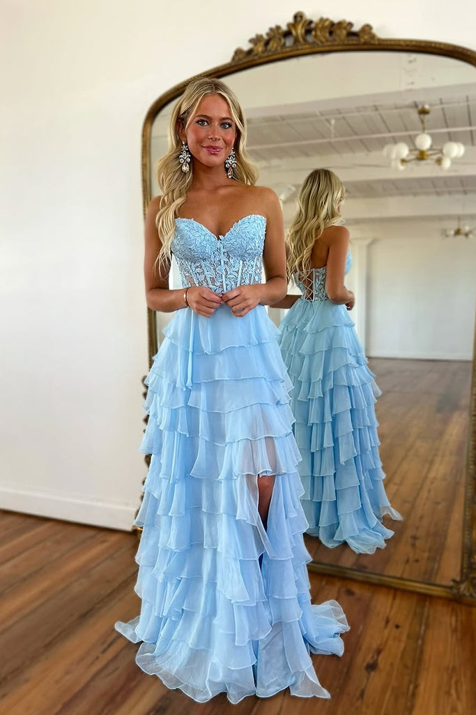 Cute A Line Sweetheart Tiered Chiffon Long Prom Dress with Slit VK2501