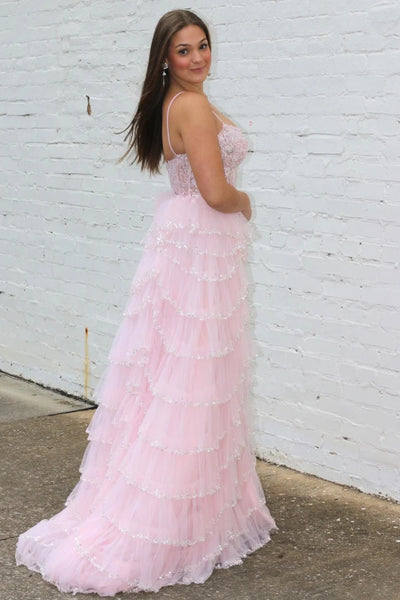 Pink Sequin Lace Spaghetti Strap Ruffle Tiered Long Prom Dress VK23112901