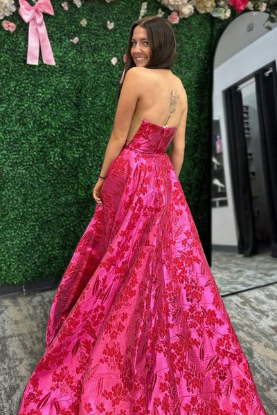 Cute A Line Fuchsia Red Jacquard Satin Long Prom Dress with Slit VK25060907
