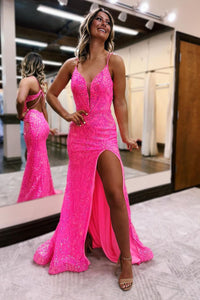 Pink V Neck Sequins Lace Mermaid Long Prom Dresses with Slit VK24042903