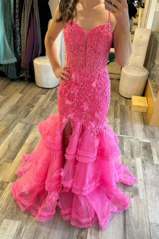 Pink Spaghetti Straps Tulle Appliques Mermaid Prom Dress with Slit VK24030401