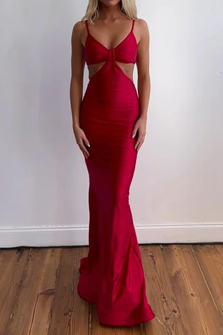Red Spaghetti Straps Cut Out Long Prom Dress with Slit VK24010201