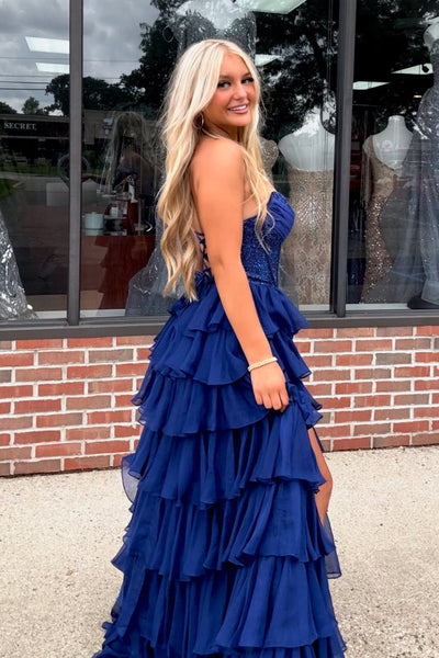 Gorgeous A Line Scoop Neck Royal Blue Tiered Chiffon Prom Dress with Slit VK162005