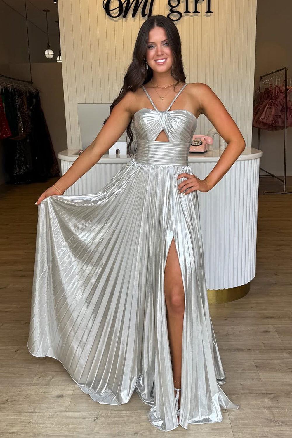 Eye-Catching Sweethart Silver Pleated Long Prom Dress with Slit VK25092405