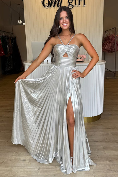 Eye-Catching Sweethart Silver Pleated Long Prom Dress with Slit VK25092405