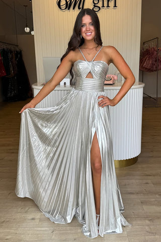 Eye-Catching Sweethart Silver Pleated Long Prom Dress with Slit VK25092405
