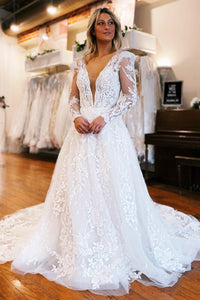 Ivory Appliques Plunge V Neck A-Line Long Wedding Dress with Long Sleeves VK23062702