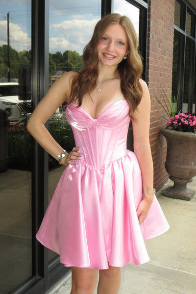 A Line Sweetheart Pink Satin Short Homecoming Dress VK26072408