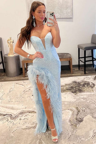 Light Blue Sequin Feather Strapless Long Formal Dress with Slit VK23092609