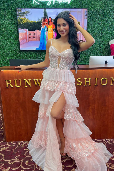 Cute A Line Sweetheart Blush Pink Tulle Tiered Prom Dresses