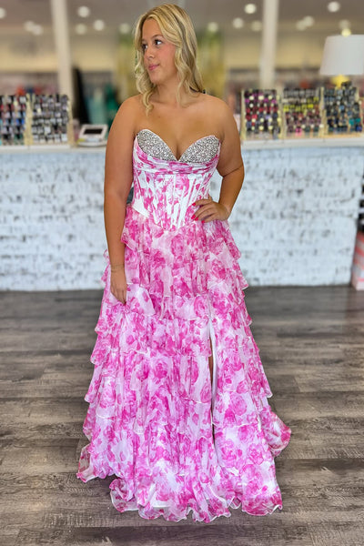 A-Line Strapless Pink Floral Printed Ruffle Tiered Long Prom Dresses with Beadings VK25032306