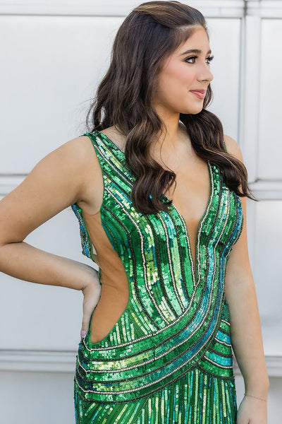 Sparkly Mermaid V Neck Green Sequins Long Prom Dresses VK25040104