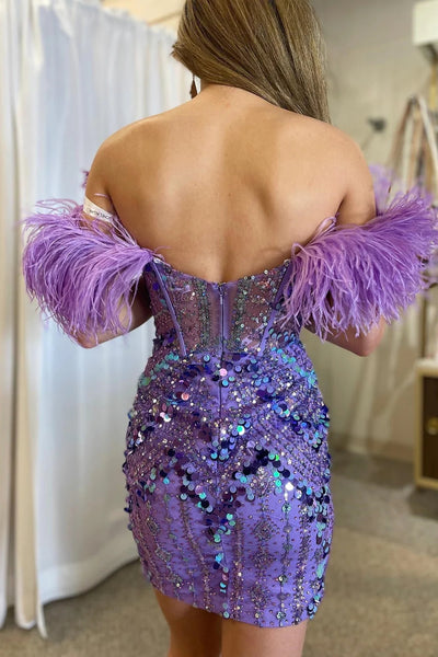 Lavender Sequin Beading Short Homecoming Dress with Feathers VK23063005
