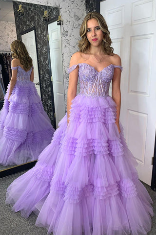 Lilac Off the Shoulder Tiered Tulle Long Prom Dresses with Appliques VK23121306
