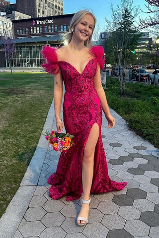 Fuchsia Off the Shoulder Sequins Mermaid Long Prom Dresses with Feather VK24032805
