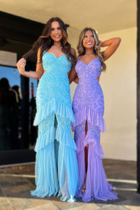 Light Blue Sequin Lace V Neck Mermaid Long Prom Dress with Slit VK23122506