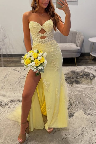 Gorgeous Mermaid Strapless Yellow Keyhold Prom Dresses with Slit VK26011402