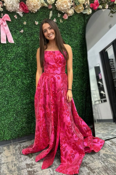Cute A Line Fuchsia Red Jacquard Satin Long Prom Dress with Slit VK25060907