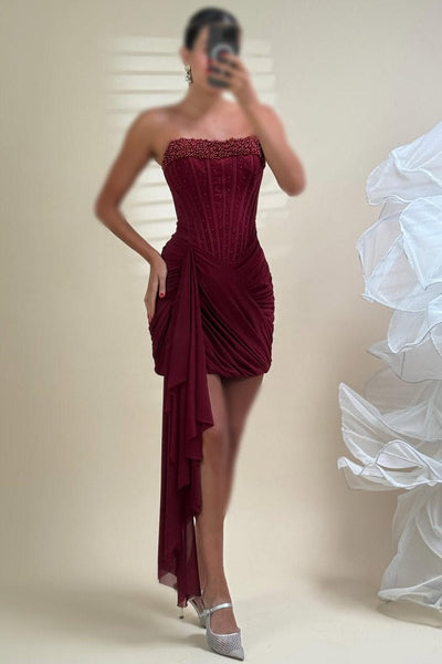 Strapless Pleats Sleeveless Beads Short Homecoming Party Dress VK26070118