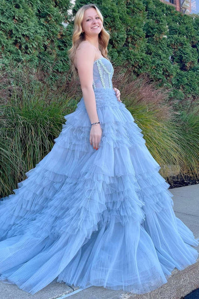 Princess Blue Strapless Tiered Tulle Prom Gown VK23092601