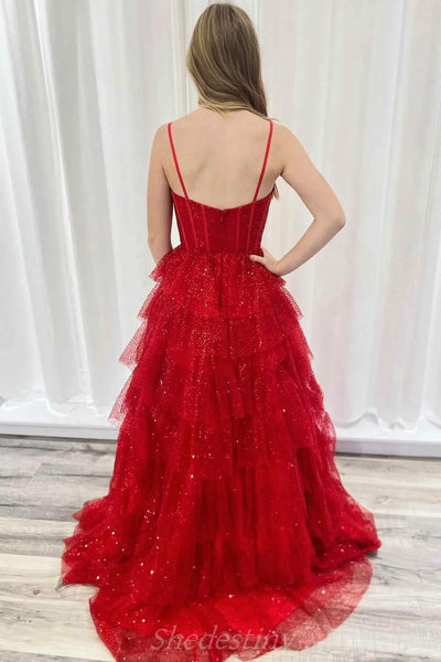Cute A Line Sweetheart Red Glitter Tulle Long Prom Dress VK25010703