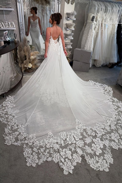 Mermaid V Neck Elastic Satin Long Wedding Dress with Appliques VK25060802