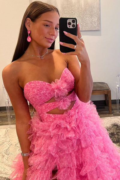 Ball Gown Sweetheart Pink Tiered Tulle Prom Dress VK23102305