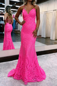 Sparkly Mermaid Backless Hot Pink Sequins Long Prom Dress VK23092707