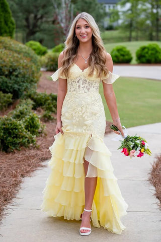 Cute Mermaid Sweetheart Daffodial Tiered Chiffon Prom Dress with Slit VK25052509