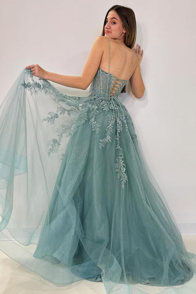 Sweetheart Spaghetti Straps Tulle A-Line Long Prom Dresses with Appliques VK23120304