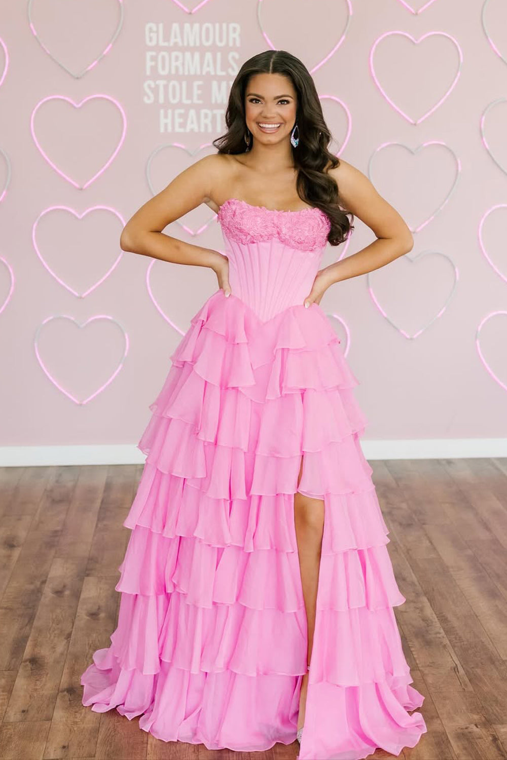 Fashion A Line Sweetheart Pink Tiered Chiffon Prom Dress with Slit VK111006
