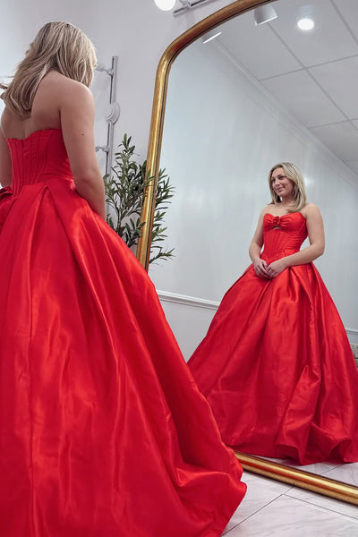 Elegant A-Line Strapless Red Satin Long Prom Dresses VKPD010