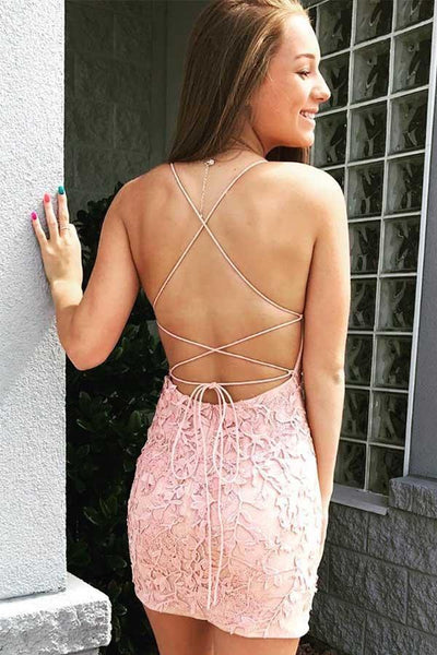 Cute Scoop Neck Pink Lace Appliques Short Homecoming Dresses VK23072003